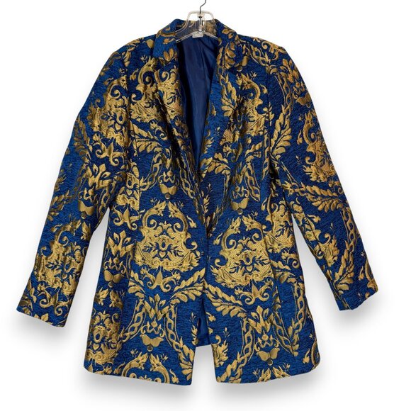 VENUS Blue Gold Brocade Blazer Jacket Longline Statement Coat Jacquard Sz 14 XL - Picture 1 of 11